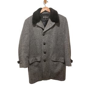 Stratojac‎ Houndstooth Men’s Wool Car Coat - Size 40 Faux Fur Collar Preloved